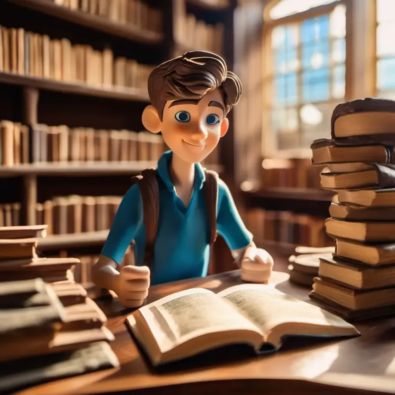 Hobbes is sitting at a wooden table in the library, surrounded by stacks of old books and parchment. The dusty sunlight filters through the windows as he happily flips through books.