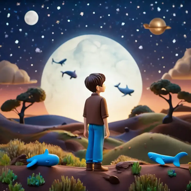 Hobbes is standing in a field, looking up at night sky, with space whale