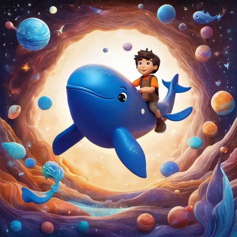 Hobbes is riding on the back of the space whale, surrounded by swirling galaxies and sparkling cosmic dust. The space whale's joyful calls harmonize with Hobbes' laughter, creating a symphony of friendship and discovery.