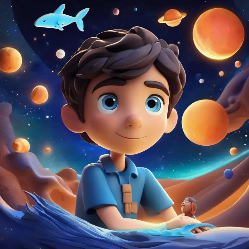 Hobbes is surrounded by glowing celestial shapes floating in the ether. The space whale's radiant light bathes the scene in a warm, otherworldly glow as it communicates its purpose to Hobbes.