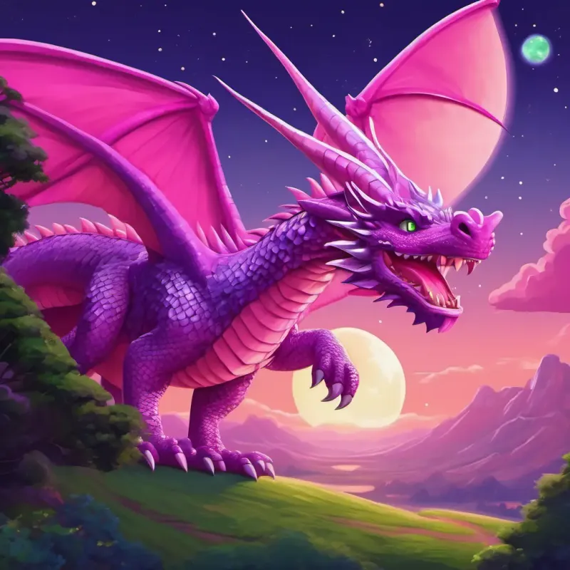 Pink dragon with shiny purple scales and big green eyes the pink dragon with purple scales and green eyes flying in the sky and seeing a shiny spaceship next to the moon