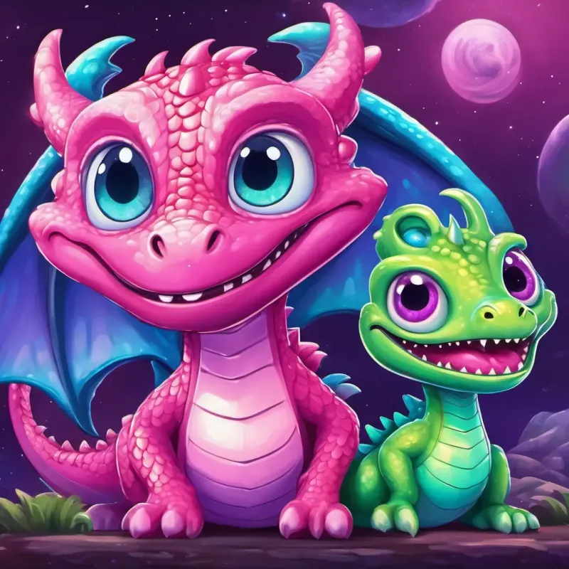 Pink dragon with shiny purple scales and big green eyes and Friendly alien with blue skin, three eyes, and a big smile the friendly alien with blue skin, three eyes, and a big smile inside the spaceship