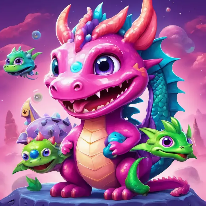 Pink dragon with shiny purple scales and big green eyes and Friendly alien with blue skin, three eyes, and a big smile using tools to fix the spaceship together while laughing and having fun