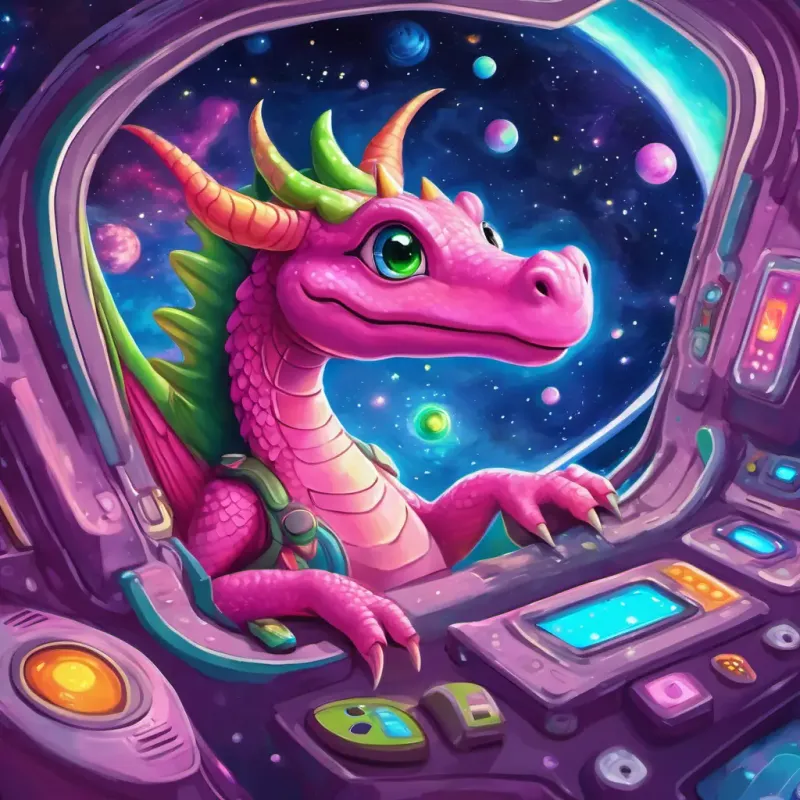 Pink dragon with shiny purple scales and big green eyes and Friendly alien with blue skin, three eyes, and a big smile sitting in the spaceship, pushing buttons and pulling levers, flying through space and seeing colorful planets, friendly aliens, and twinkling stars