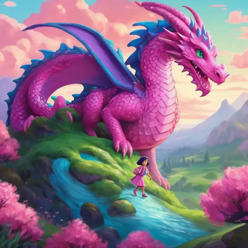 Pink dragon with shiny purple scales and big green eyes flying back to her dragon home and Friendly alien with blue skin, three eyes, and a big smile going back to Zogland, holding hands and smiling