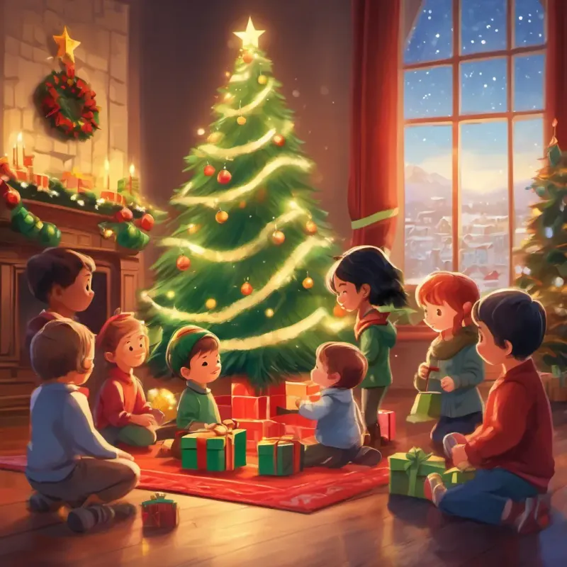 Children playing and interacting positively around the Christmas tree.