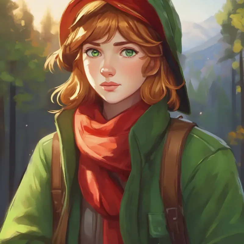 Introduction of Short, golden hair, blue eyes, wears a red scarf and Tall, brown hair, green eyes, wearing a green hat, with Tall, brown hair, green eyes, wearing a green hat experiencing sadness.