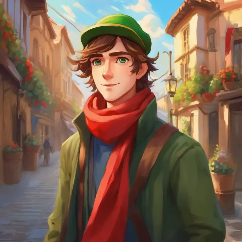 Tall, brown hair, green eyes, wearing a green hat responds positively to Short, golden hair, blue eyes, wears a red scarf's offer, sharing his emotions.