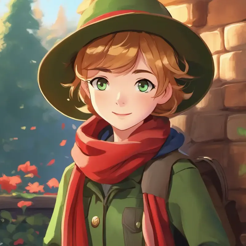 Short, golden hair, blue eyes, wears a red scarf and Tall, brown hair, green eyes, wearing a green hat working cooperatively and enjoying their time together.