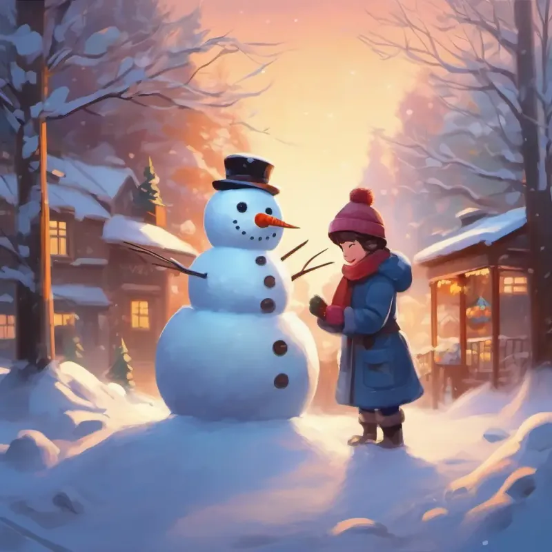 The pair collaboratively gathers items, creating a friendly snowman.