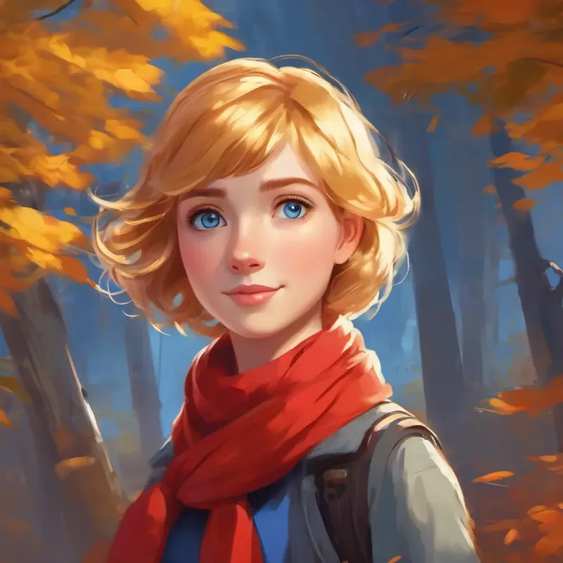 Short, golden hair, blue eyes, wears a red scarf encourages community inclusion and group play.