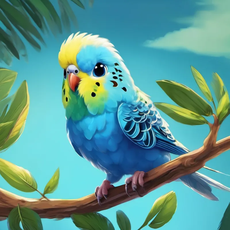 A small budgie with bright blue feathers and a curious expression. the brave budgie on his adventure