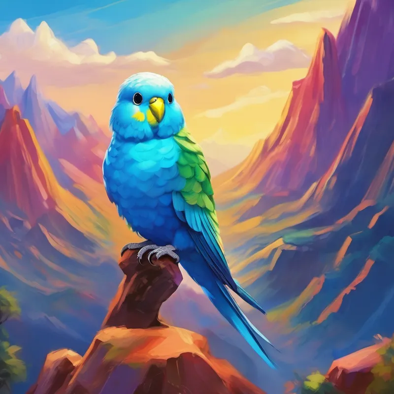 A small budgie with bright blue feathers and a curious expression. flying high over colorful mountains