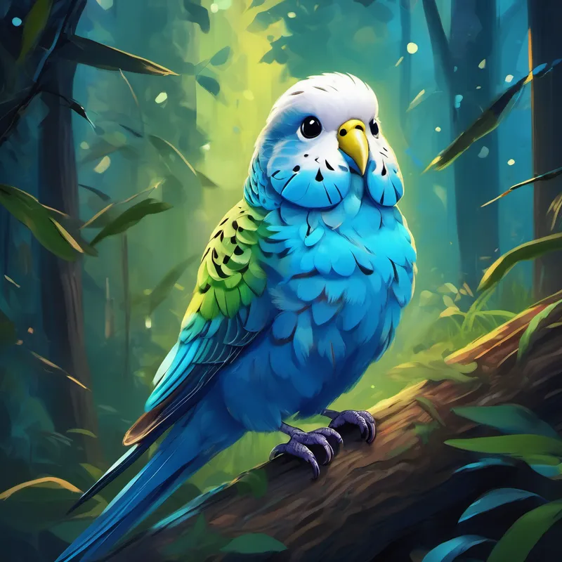 A small budgie with bright blue feathers and a curious expression. lost in a dark, mysterious forest