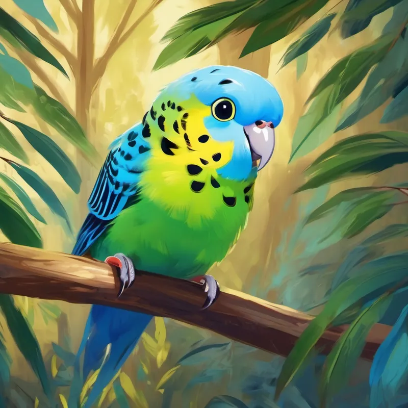 A small budgie with bright blue feathers and a curious expression. hiding behind a tree, looking afraid