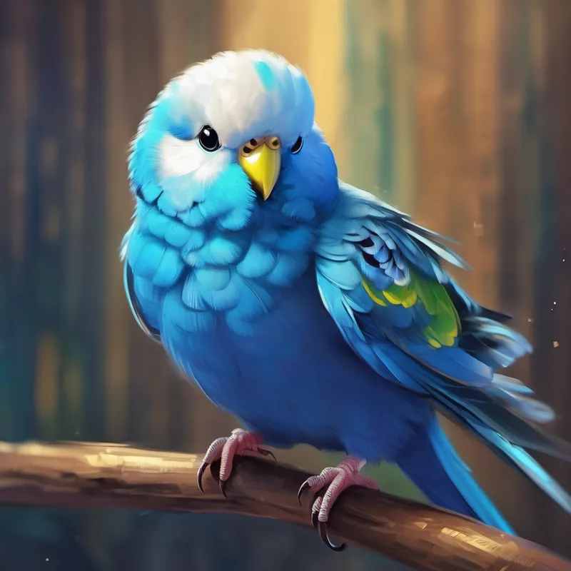 A small budgie with bright blue feathers and a curious expression. standing tall, wings spread wide