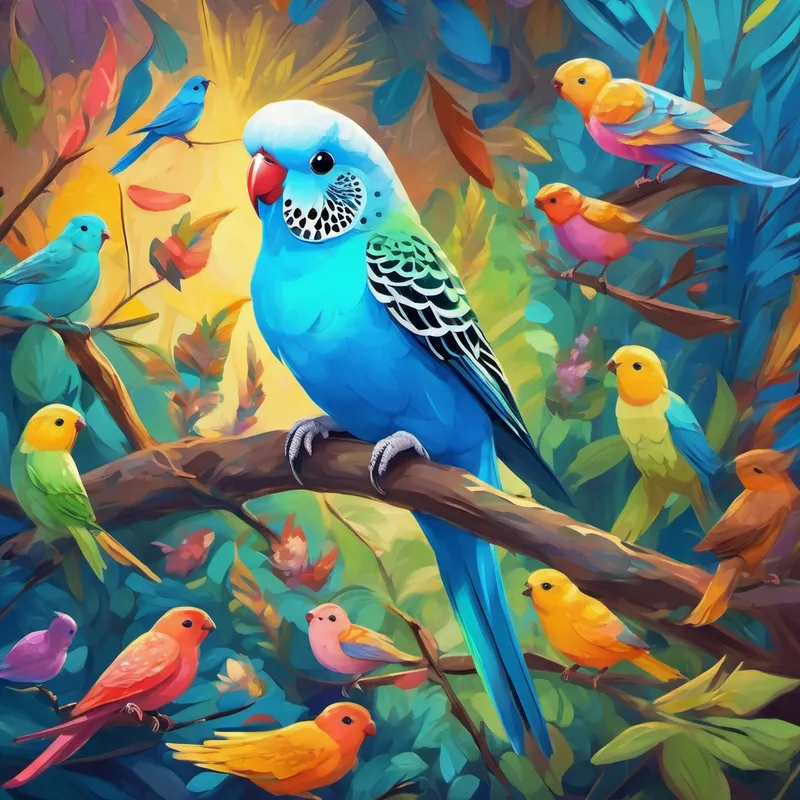 A small budgie with bright blue feathers and a curious expression. surrounded by colorful birds and a squirrel
