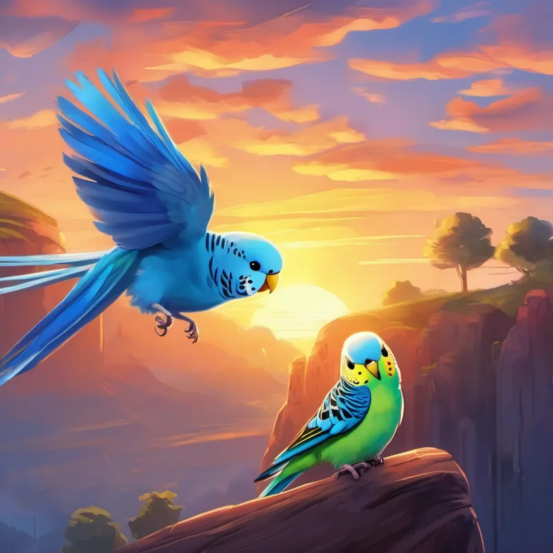 A small budgie with bright blue feathers and a curious expression. and his friends flying happily towards the sunset