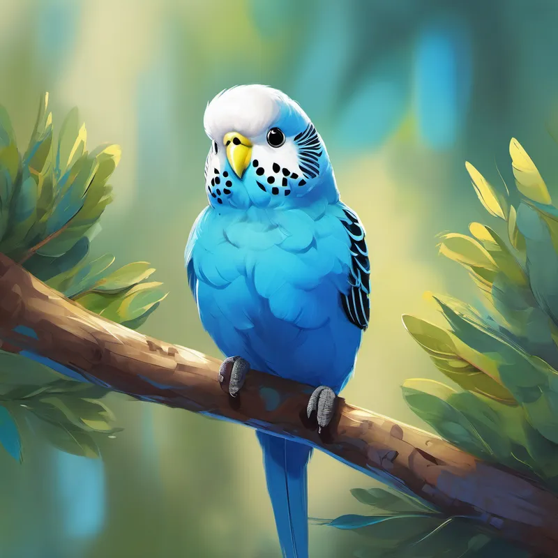 A small budgie with bright blue feathers and a curious expression. sitting on a branch, smiling