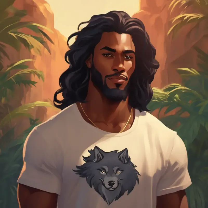 Introducing African American male with long black hair, wearing a modern wolf T-shirt in Themyscira