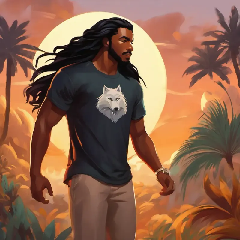 Character traits of African American male with long black hair, wearing a modern wolf T-shirt
