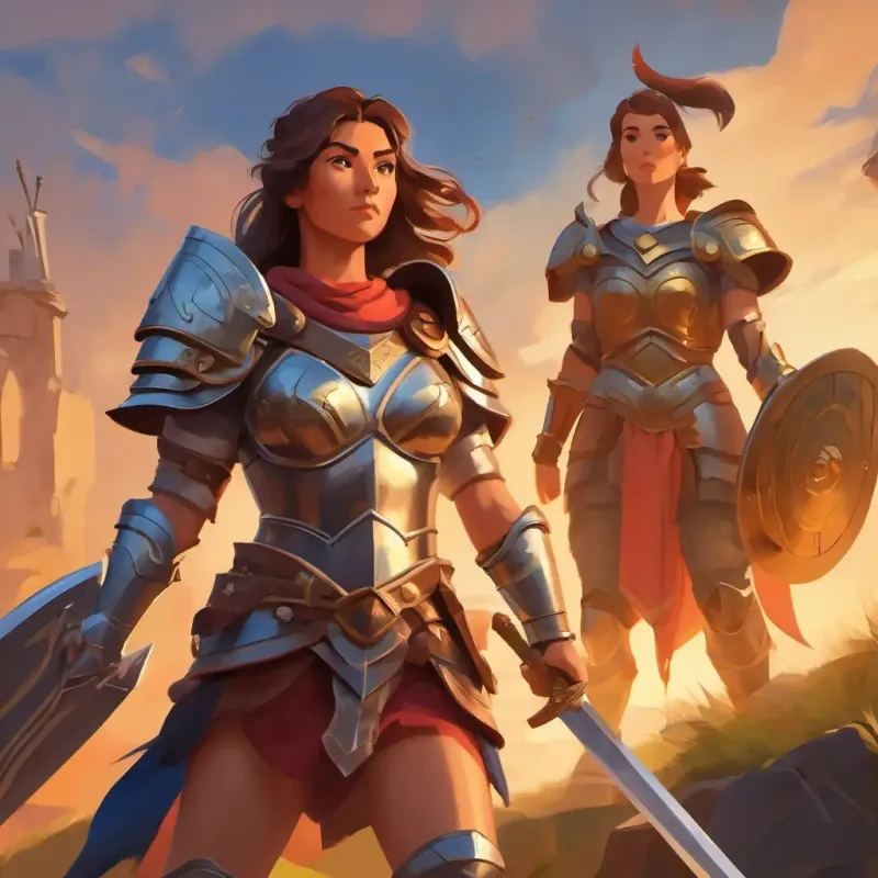Strong warrior women with ancient armor and weapons' armor and being impressed