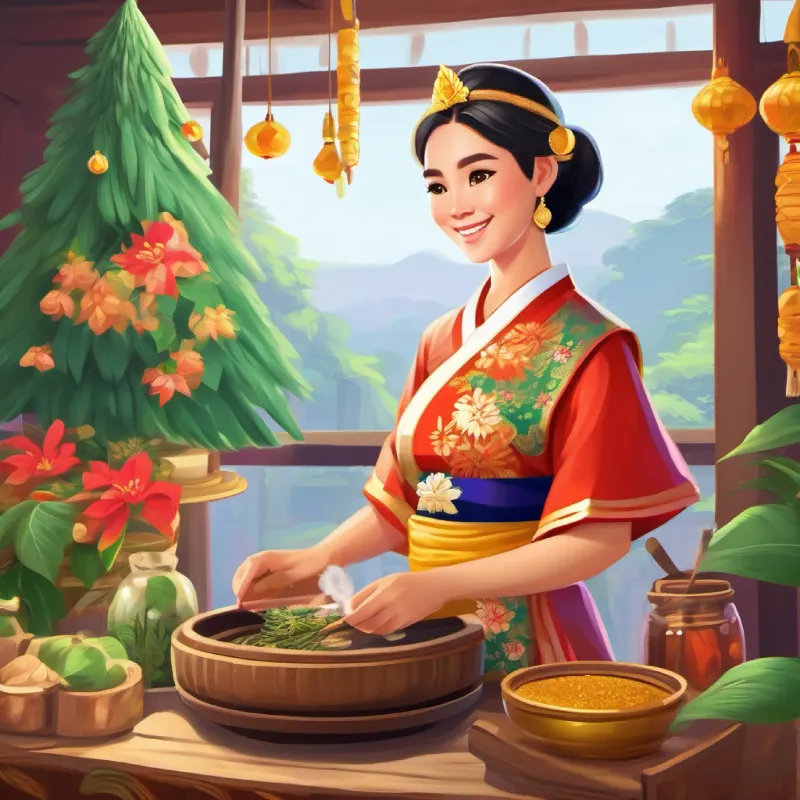 Introducing Kind face, warm smile, wears traditional Thai dress, preparing Thai medicine in her clinic