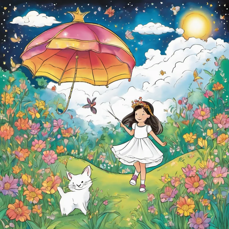 Injy flew Lily to a cozy meadow, where they landed gently on a bed of fluffy clouds. Injy explained that this was the dream playground, where dreams come true. Lily's eyes sparkled with excitement as she saw other children playing and laughing, their dreams materializing right before their eyes. Lily tried out all her wildest dreams in the playground—she became a world-class painter and created beautiful masterpieces on giant canvases. She even transformed into a princess and danced in a grand ballroom, twirling in a magnificent gown made of colorful rainbows.