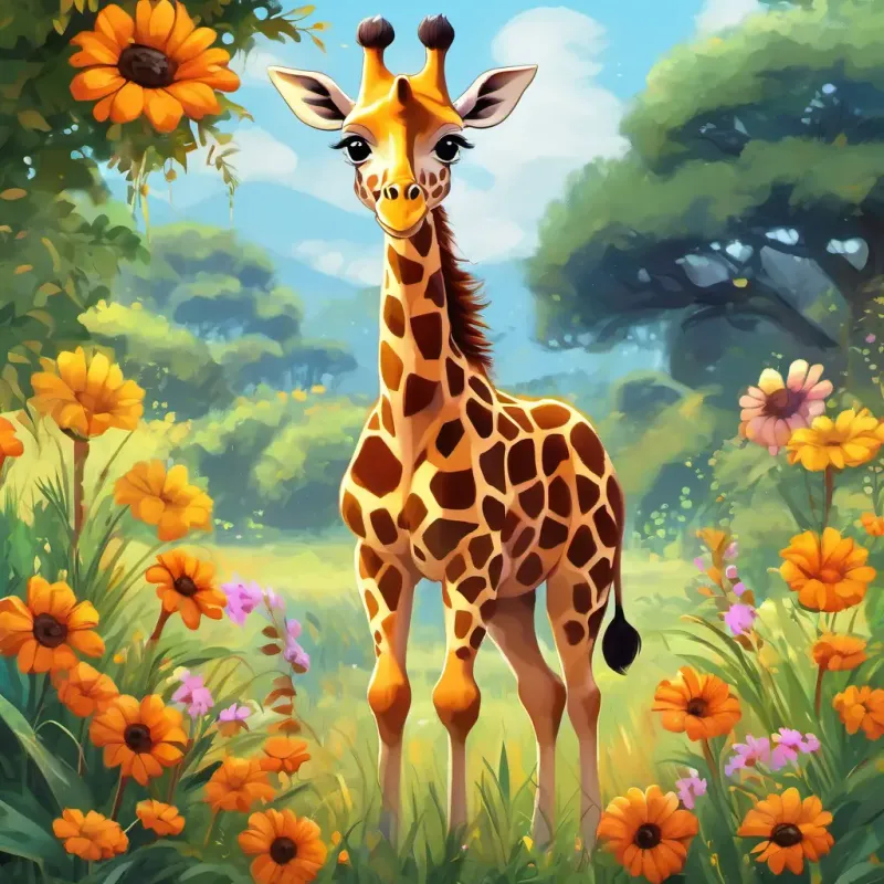 Grace - Little giraffe with long neck, heart-shaped spots, and a big smile standing among vibrant flowers and tall grass, with her family nearby