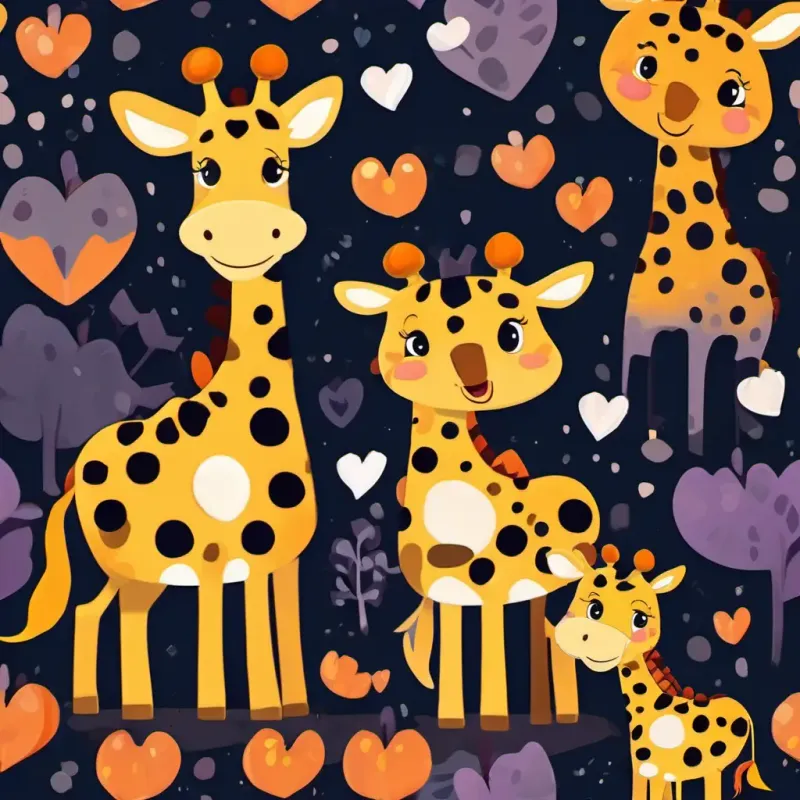 Grace - Little giraffe with long neck, heart-shaped spots, and a big smile comparing her larger heart-shaped spots to the smaller spots of the other giraffes in her herd
