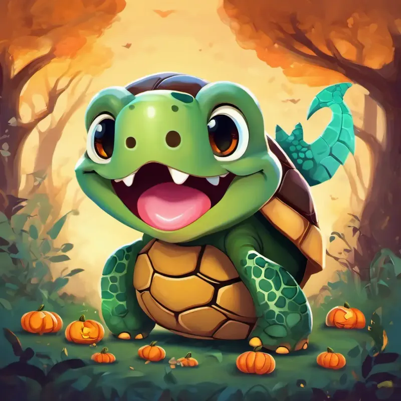 Timothy - Wise old turtle with a kind face and a slow pace, the turtle, talking to Grace - Little giraffe with long neck, heart-shaped spots, and a big smile and pointing at her heart-shaped spots with a wise expression