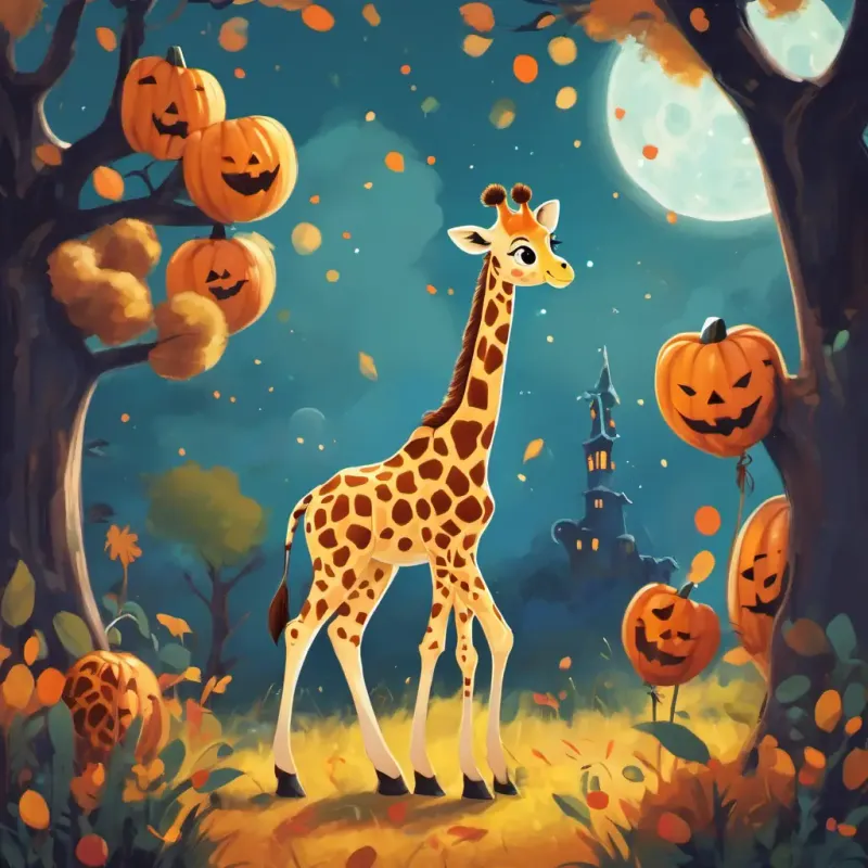 Grace - Little giraffe with long neck, heart-shaped spots, and a big smile happily playing with her friends, who are gazing at her heart-shaped spots with admiration