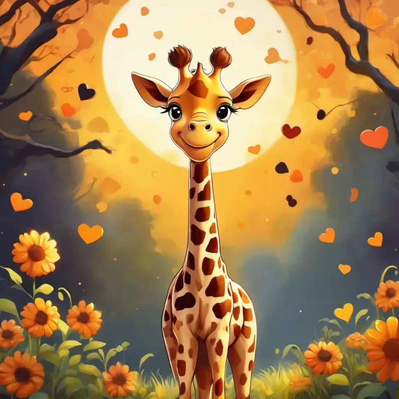 Grace - Little giraffe with long neck, heart-shaped spots, and a big smile standing tall with a big smile on her face, as the sun shines on her heart-shaped spots