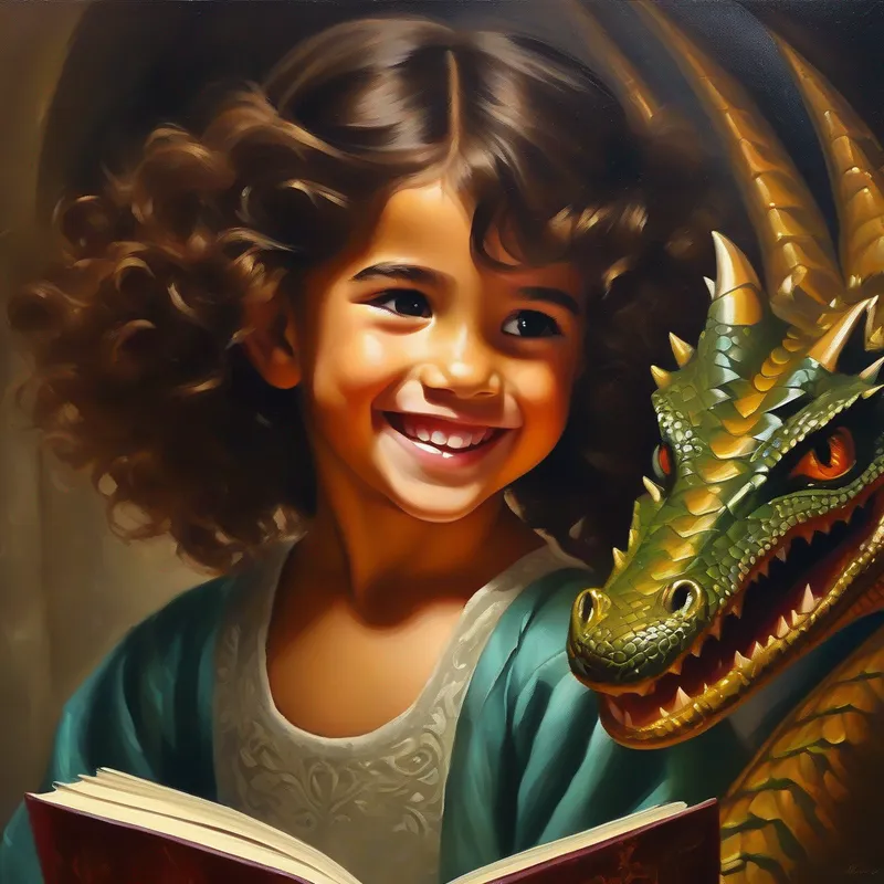 Niña valiente con cabello castaño y una gran sonrisa. encuentra un libro mágico y conoce a un dragón.