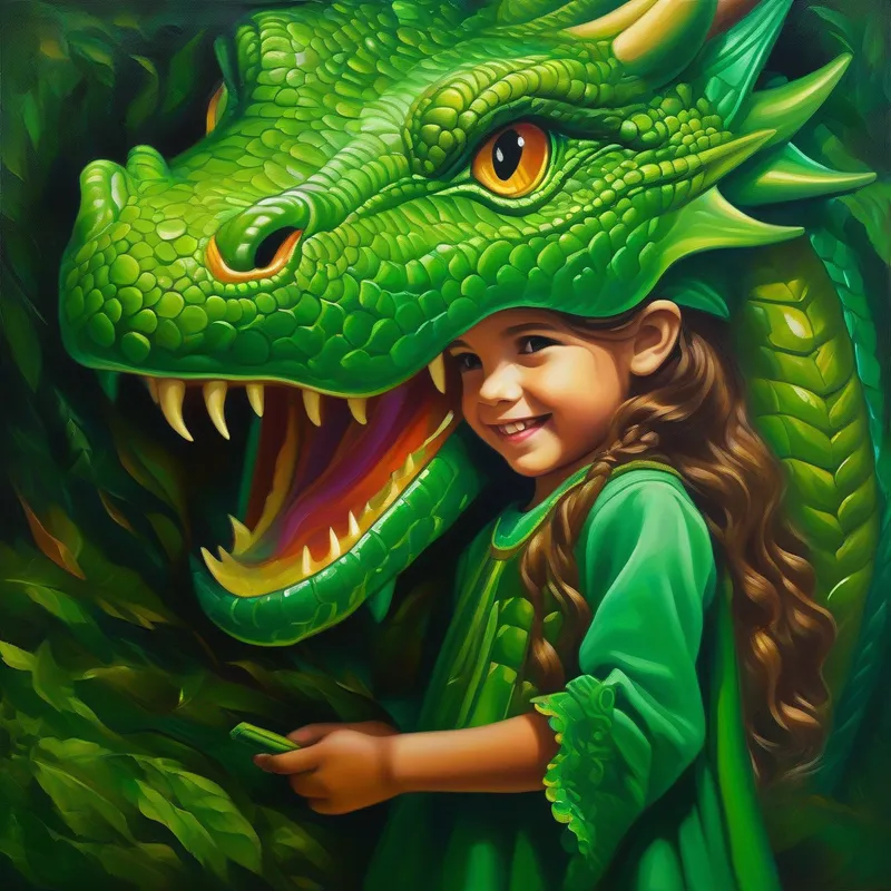 Niña valiente con cabello castaño y una gran sonrisa. y Dragón amigable con escamas brillantes de color verde esmeralda. tienen aventuras emocionantes y conocen a un elfo misterioso.