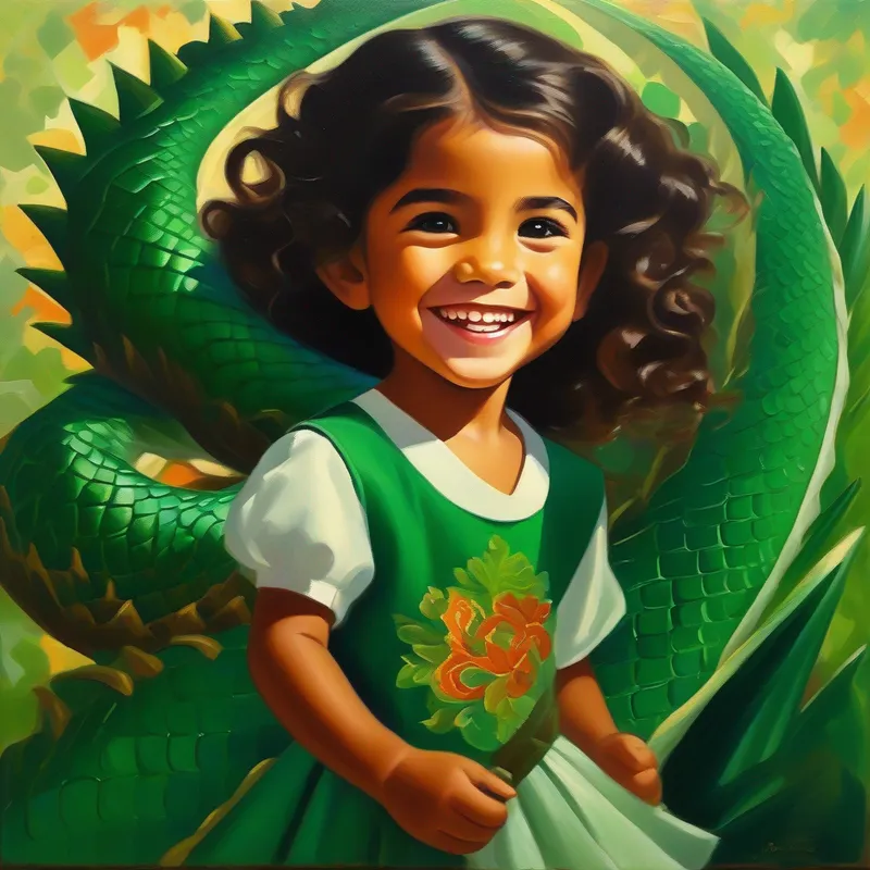 Niña valiente con cabello castaño y una gran sonrisa. y Dragón amigable con escamas brillantes de color verde esmeralda. ayudan a otros y demuestran valentía.