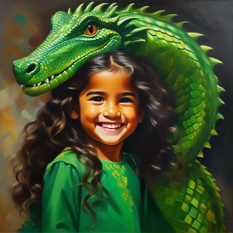 Niña valiente con cabello castaño y una gran sonrisa. y Dragón amigable con escamas brillantes de color verde esmeralda. encuentran el tesoro de la amistad.
