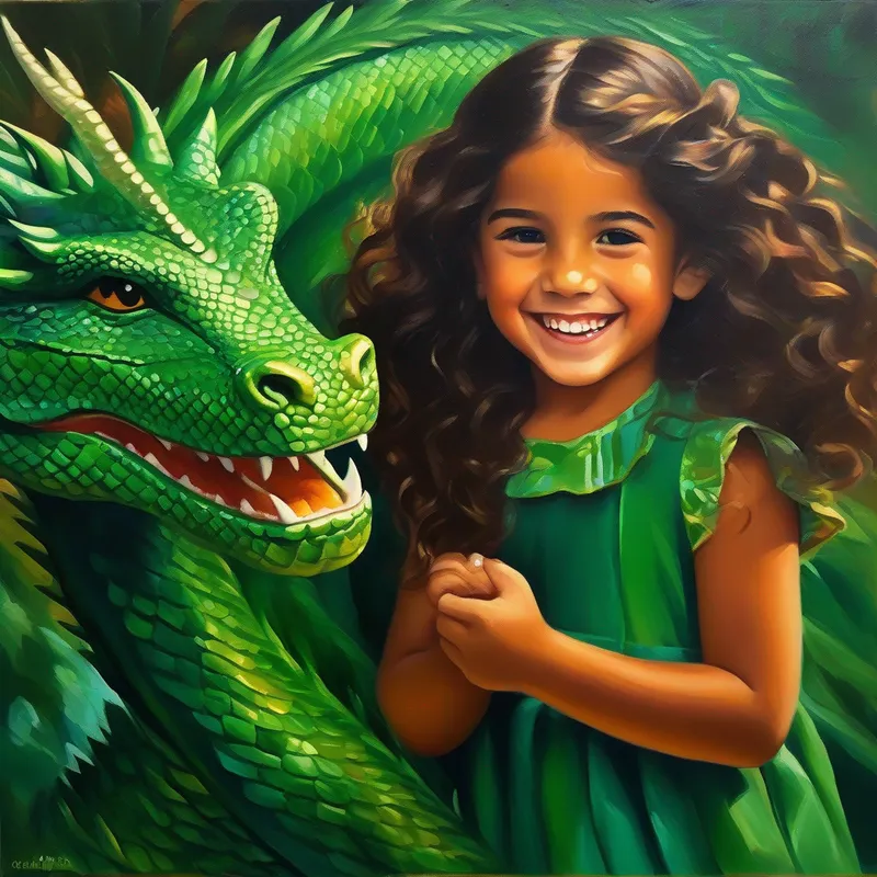 Niña valiente con cabello castaño y una gran sonrisa. y Dragón amigable con escamas brillantes de color verde esmeralda. son mejores amigos y siguen teniendo aventuras.