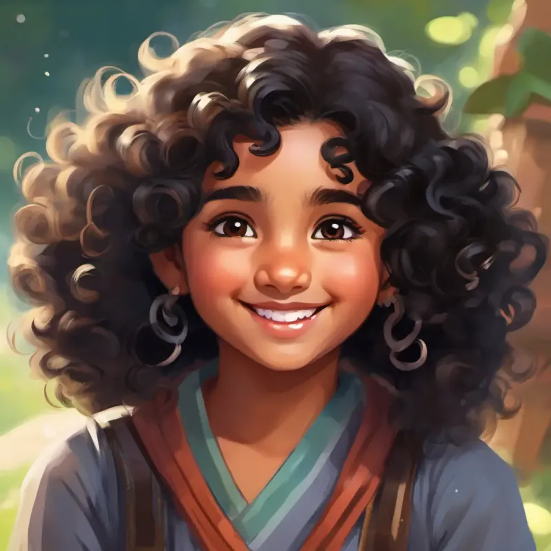 Introduction to Curly black hair, bright brown eyes, bubbly giggles, fair skin, setting in an Indian village, Curly black hair, bright brown eyes, bubbly giggles, fair skin's playful personality