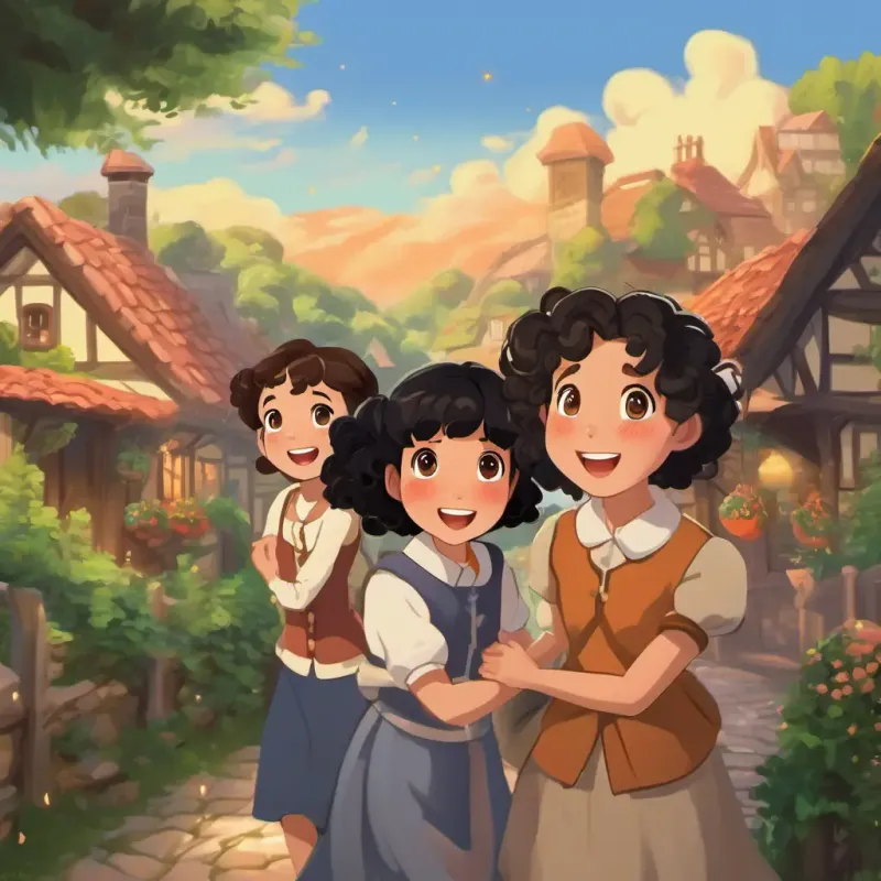 The villagers' reaction to Curly black hair, bright brown eyes, bubbly giggles, fair skin's rescue, Curly black hair, bright brown eyes, bubbly giggles, fair skin's playful response and her departure