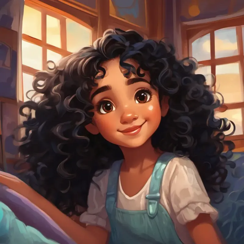 Curly black hair, bright brown eyes, bubbly giggles, fair skin's reflection on her day's adventures, Curly black hair, bright brown eyes, bubbly giggles, fair skin's bedtime and future dreams