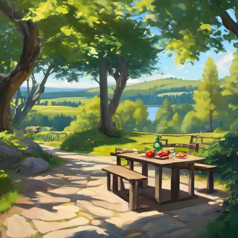 Charlotte och Johan gick hand i hand genom parken och utforskade varje hörn. De åkte hisnande berg- och dalbanor tillsammans, skrattandes och kände sig som om de flög genom luften. De spelade spel och vann fina priser, som de sedan gav till barn som var ledsna. Under dagen blev de hungriga och bestämde sig för att äta på en mysig restaurang inne i parken. Där satt de vid ett bord och delade på en god pizza. De pratade om allt de hade upplevt och tittade på alla människor som sprang förbi.
