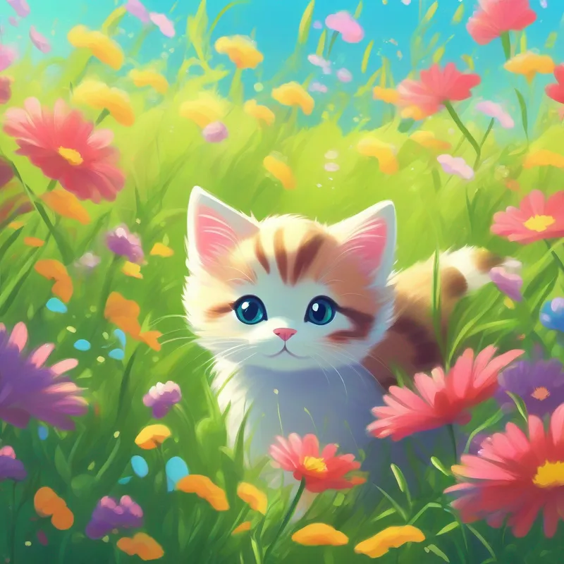 A bright meadow with flowers and a cute kitten