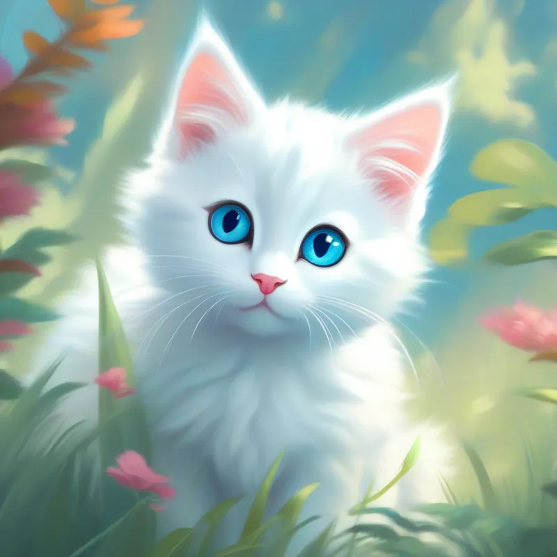 A fluffy white kitten with curious blue eyes searching for her friends with a puzzled expression