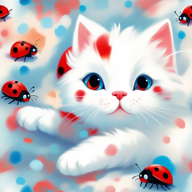 A fluffy white kitten with curious blue eyes talking to A cheerful ladybug with vibrant red spots, a cheerful ladybug with vibrant red spots