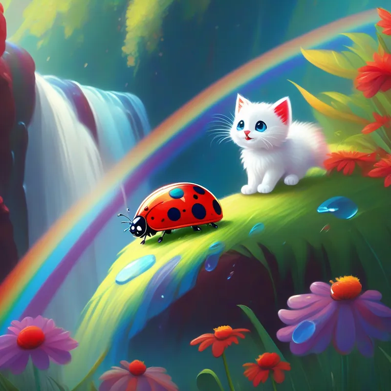 A cheerful ladybug with vibrant red spots pointing A fluffy white kitten with curious blue eyes towards the rainbow waterfall