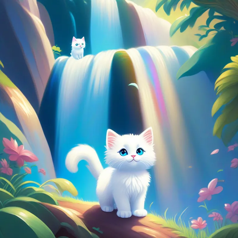 A fluffy white kitten with curious blue eyes reuniting with her friends at the beautiful rainbow waterfall