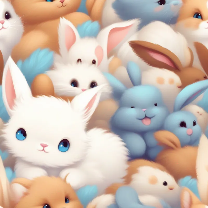 A fluffy white kitten with curious blue eyes talking to A chubby brown bunny with floppy ears, a cute bunny with floppy ears