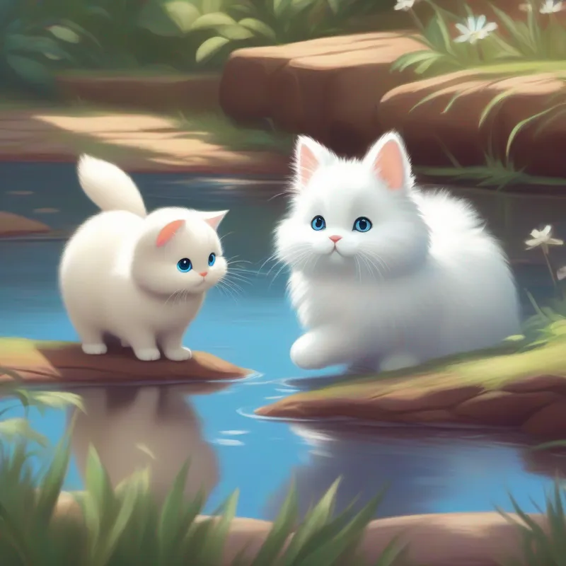 A chubby brown bunny with floppy ears pointing A fluffy white kitten with curious blue eyes towards the pond