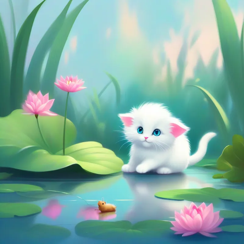 A fluffy white kitten with curious blue eyes talking to A tiny gray mouse with a twitching pink nose, a tiny mouse sitting on a lily pad